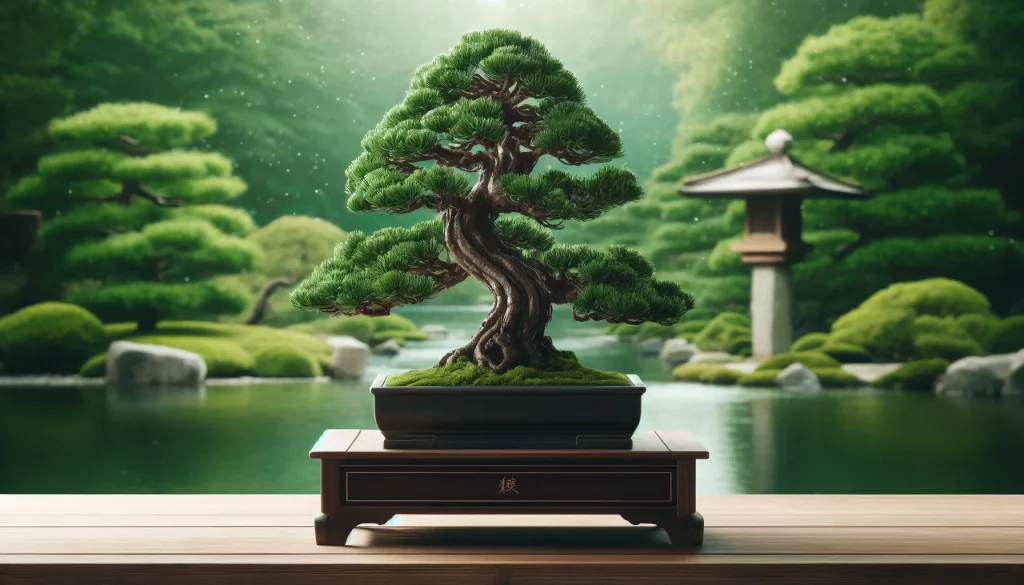 imagen horizontal hiperrealista que muestra un bonsái de pino negro japonés