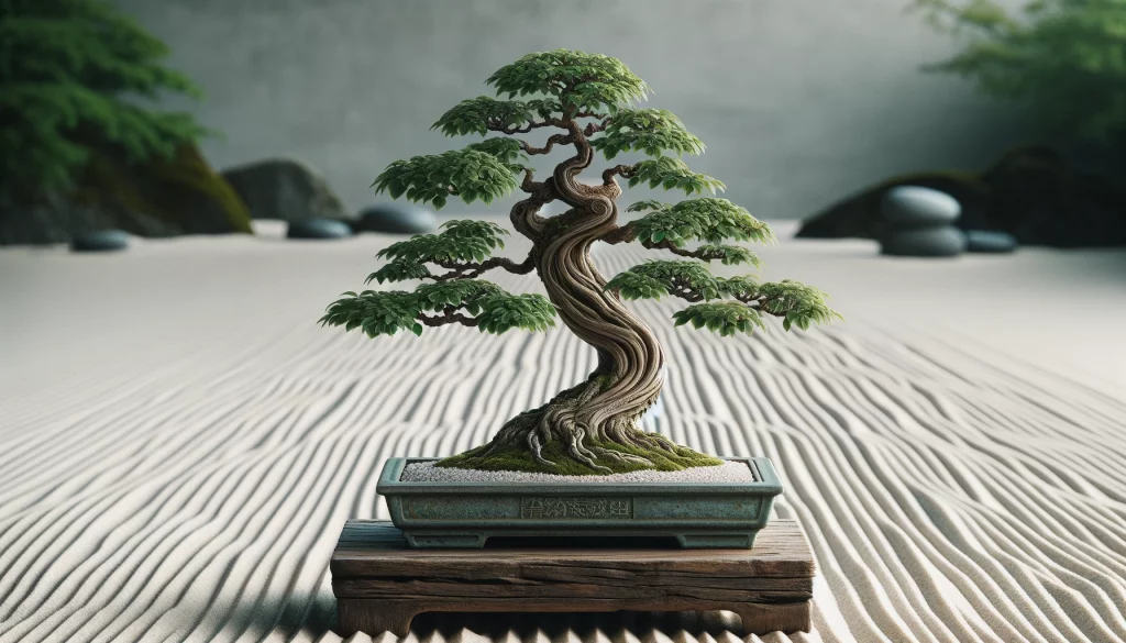 un bonsái de olmo chino en un tranquilo jardín zen