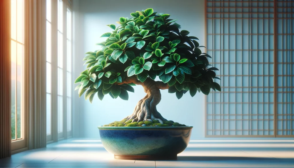  un bonsái de Ficus en un ambiente interior luminoso