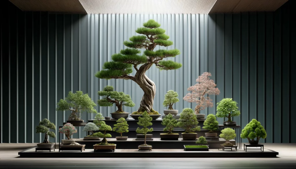  imagen de presentación que muestra una colección diversa de árboles bonsái 